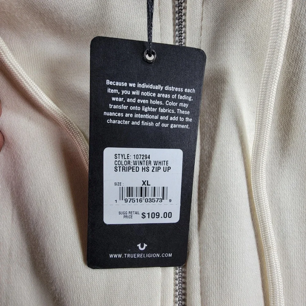 NWT True Religion Zip-Up Hoodie Mens XL Winter White Fleece Classic Logo Graphic